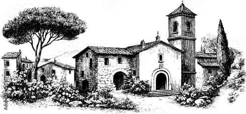 Vintage engraving illustration of rustic villa scene for print design