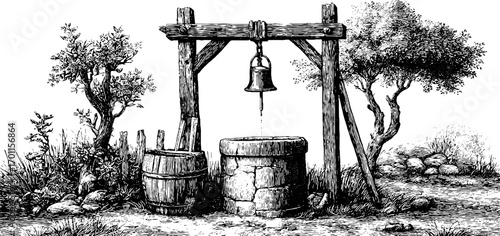 Rustic villa courtyard with ancient stone well and trees in vintage engraving style for design