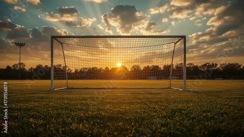 Soccer goal on a field at sunset with sun rays