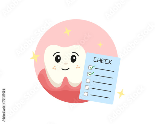 An adorable cartoon tooth mascot smiling and holding a checklist, symbolizing a positive dental checkup result