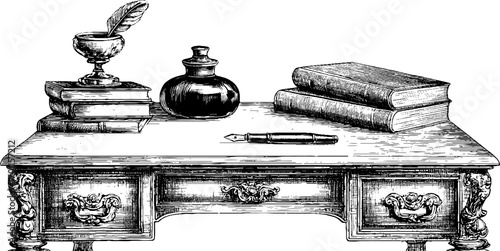 Vintage engraving style illustration of writing desk with inkwell and books