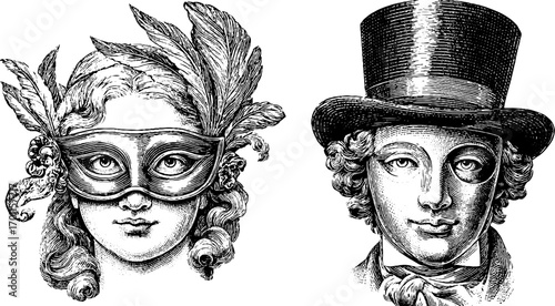 Vintage engraving style set of woman and man in masquerade masks for retro design