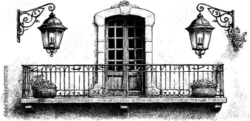 Vintage engraving of wrought iron balcony with lanterns and potted plants