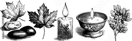 Wellness ritual scenes in vintage engraving style for spa and relaxation themes