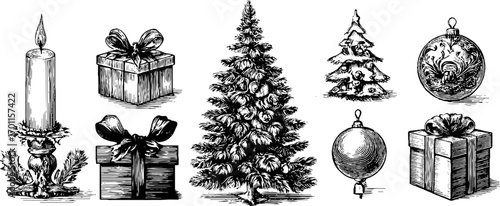 Vintage winter holiday engraving style with christmas trees, gifts, and candle