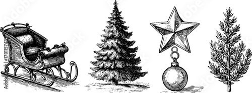 Winter idyll with sleigh, evergreen trees, and star ornament in vintage engraving style