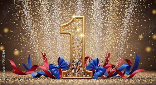 Sparkling Golden Number One with Festive Ribbons and Confetti