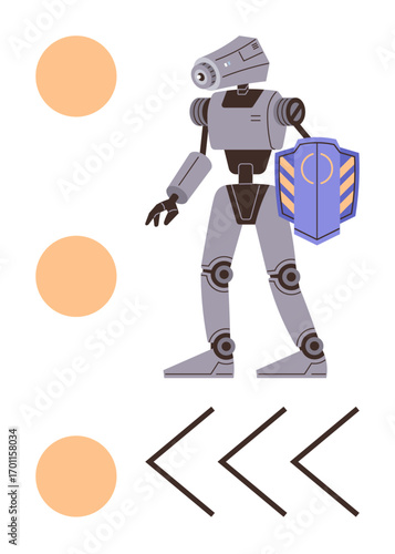 Humanoid robot holding a shield alongside circular patterns and angular symbols. Ideal for technology, innovation, defense, robotics, artificial intelligence, futuristic concepts, simple flat
