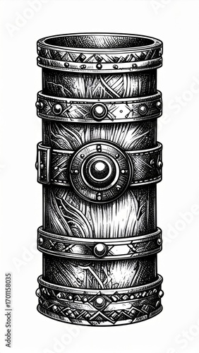 Detailed Illustration of an Ornate Metal Cylinder on a White Background