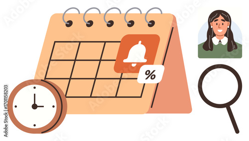 Desk calendar with notification, percentage icon, clock, magnifying glass, and user profile. Ideal for time management, scheduling, reminders, task planning productivity organization work