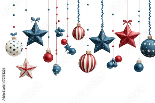 Row of Christmas decorations with stars and red, white