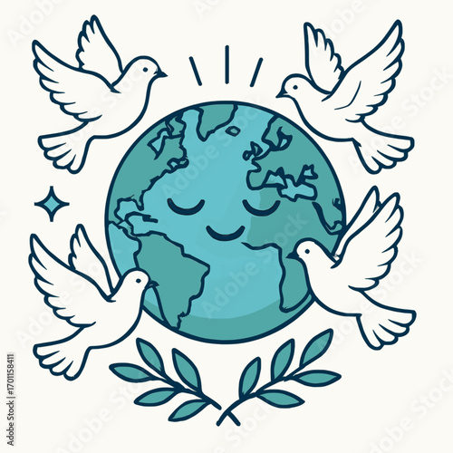 A vector image of a serene world globe surrounded by doves, representing global peace, on a white background