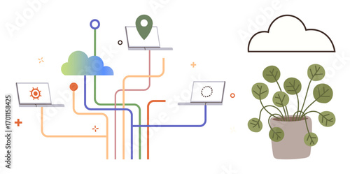 Laptops connecting to cloud via vibrant lines, representing network, data sharing, digital connectivity, and growth. Ideal for technology, teamwork, innovation, environment sustainability progress