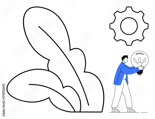 Person carrying light bulb near oversized leaves and gear shape. Ideal for innovation, sustainability, problem-solving, creativity, eco-friendly practices, teamwork, brainstorming. Simple flat
