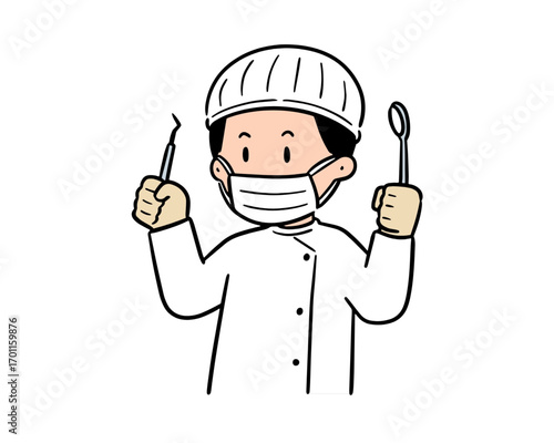 Medical Professional with Dental Instruments Cartoon Illustration