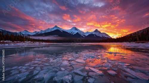 Spectacular Sunset Over Frozen Mountain Lake