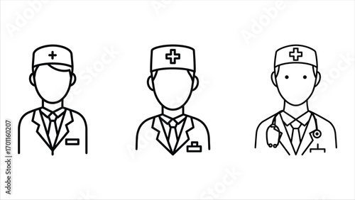 Three stylized line art icons representing medical professionals wearing caps and lab coats, one with a stethoscope.