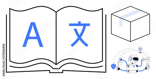 Open book with multilingual text, abstract 3D box, and AI robot managing tasks and data. Ideal for translation, education, AI, automation, robotics logistics global communication. Clean flat