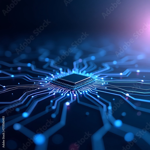 Dynamic glowing circuit board with central processor powering innovation and digital transformation