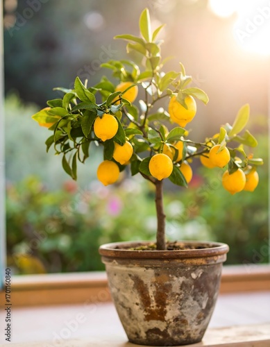 Lemon tree in pot, sunny garden