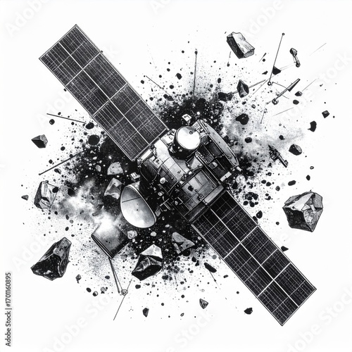 Satellite Destruction with Debris Field on White Background Concept Illustration