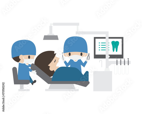 A professional dentist and assistant team perform a dental check-up on a female patient in a modern clinic illustration