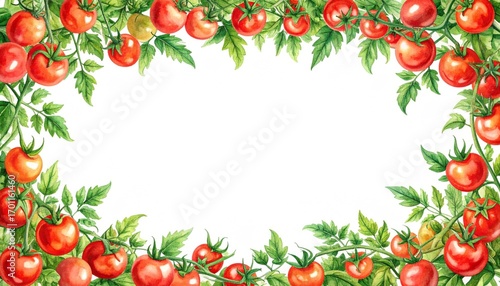 Watercolor Tomato Plant Frame with Green Leaves and Red Ripe Fruits on White Background