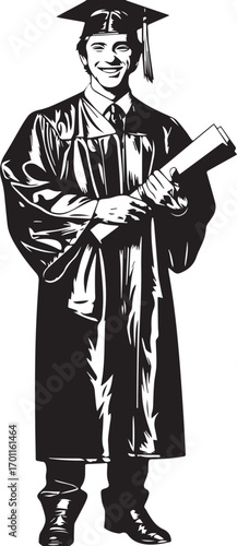 Proud Graduate: Capturing the essence of academic accomplishment, an artful black and white depiction portrays a graduate in cap and gown, clutching a rolled diploma with a confident smile.