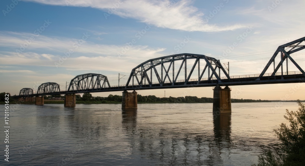Naklejka premium Steel railway bridge spans a calm river at sunset. Silhouette of a large metal railway bridge over a river, reflecting in the water. Light blue sky with scattered clouds.