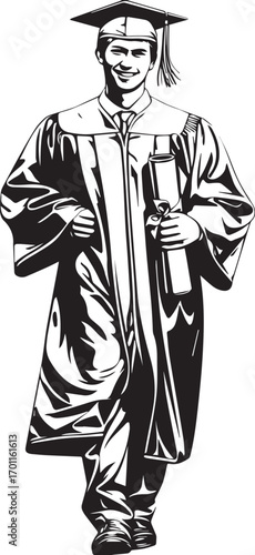 A Graduate's Triumph: A proud graduate strides confidently in cap and gown, a symbol of academic success and the culmination of years of dedication, holding a diploma