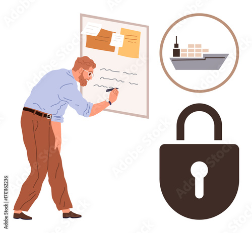 Man planning on whiteboard, cargo ship and padlock symbolizing trade, shipping security, and logistics planning. Ideal for commerce, management, strategy, trade, security business organization