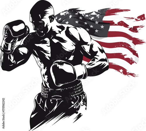 Warrior's Anthem: A muscular boxer strikes a pose of strength and defiance against the backdrop of the flag, exuding power, resolve, and unwavering spirit. 