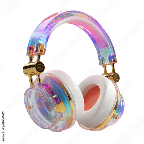 Vibrant iridescent transparent headphones with gold accents and plush white earcups perfect for stylish listening PNG no background