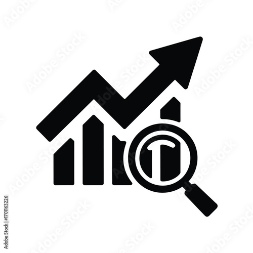 Magnifying Glass Analyzing Upward Trending Bar Graph Positive Growth, Financial Success, Business Analytics, Data Analysis, Investment Strategy Icon.