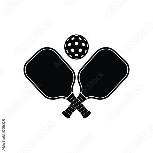 Pickleball paddles and ball:  Simple black and white graphic design, minimalist style, active lifestyle concept, perfect for sports websites or print media.