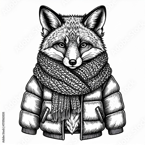 Stylized Fox Portrait Illustration in Winter Outfit with Scarf and Puffer Jacket on White Background