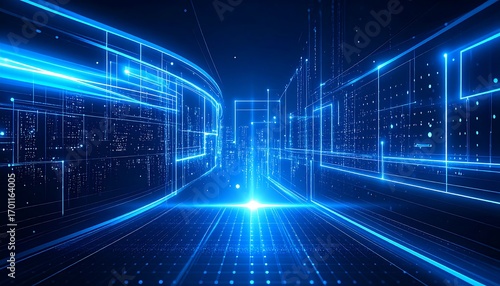 Digital city scene bathed in blue light, depicting data flow and connectivity, abstract urban design