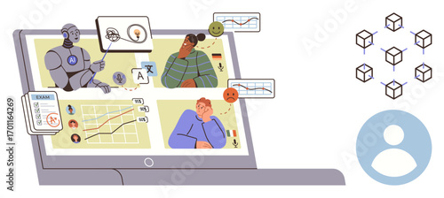 Robot analyzing data, human workers pondering insights with emotional cues, graphs, cube structure, user interface. Ideal for AI interaction, automation, education, workplace future tech analytics