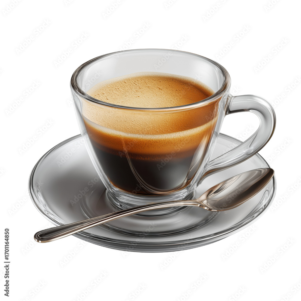 Naklejka premium A detailed photograph of a steaming hot espresso coffee in a clear glass cup with a silver spoon resting on a matching saucer PNG no background