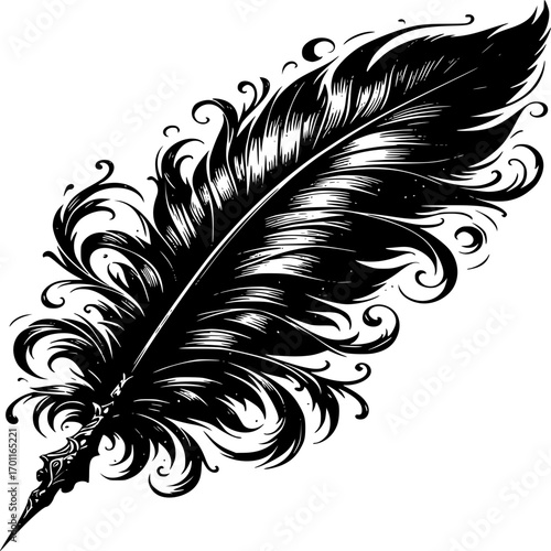 Inkling Feather: A detailed, ink-black feather, rendered with meticulous strokes, spirals gracefully across the scene, evoking feelings of literary craft and historical charm.
