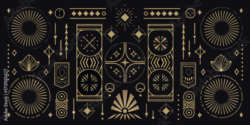 Elegant gold geometric art deco patterns and symbols on a dark background