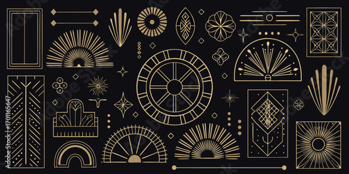 Collection of art deco geometric elements and decorative motifs in gold on black background