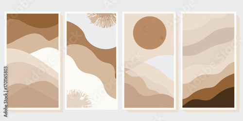Abstract earth tones landscape collection with organic shapes and sun motif