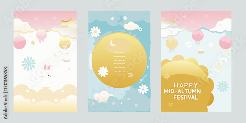 Cute cartoon style illustrations for the mid autumn festival with rabbits moon and lanterns