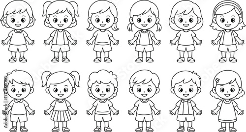 Diverse Group of Cartoon Children in Outline Style