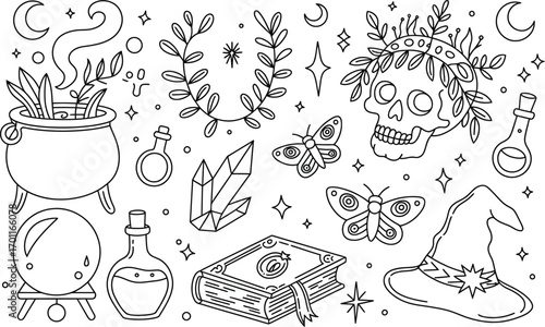 Mystical Witchcraft Elements: Cauldron, Skull, Crystals, and More