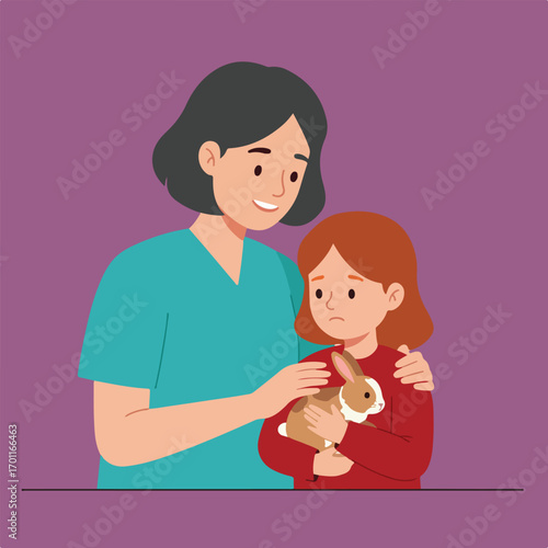 Illustration of a woman with short hair comforting a sad red-haired girl holding a bunny, set against a purple background.