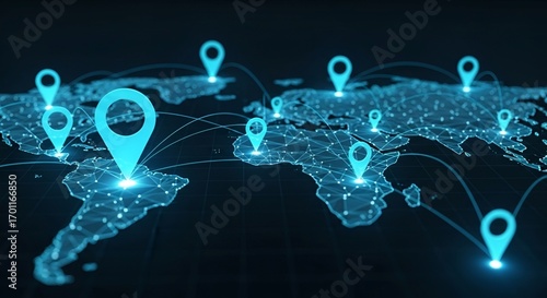 Digital world map with glowing location markers and interconnected lines, signifying global connections.
