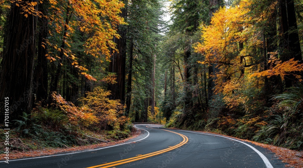 Fototapeta premium Autumnal forest road winding through redwood trees