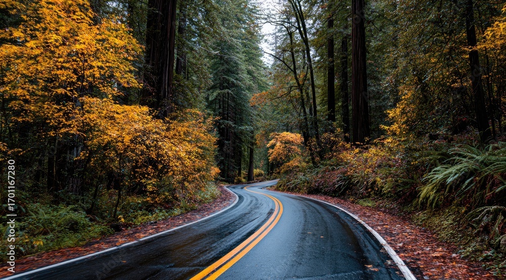 Obraz premium Winding road through a redwood forest in autumn. Yellow and orange leaves line a wet asphalt road, leading into a dense canopy of tall trees